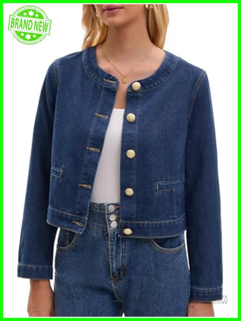 Collarless Cropped Denim Jacket Women Lightweight Button Up Long Sleeve Casual